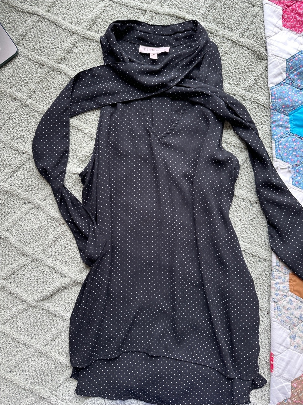 Philosophy Black with White Microdot Scarf-Neck Blouse
